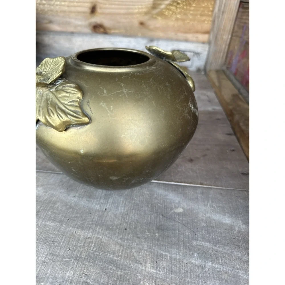 Brass Bowl Pot Vase‎ Art Deco Nouveau Style Vintage Floral Lillipad Handles